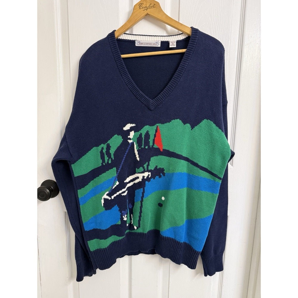 John Ashford Golf Sweater Mens XL Navy Heavyweight Vintage Crewneck Ugly Knit